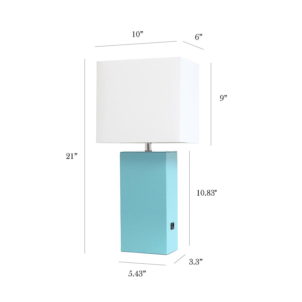 Left View: Elegant Designs Modern Leather Table Lamp with USB and White Fabric Shade, Aqua