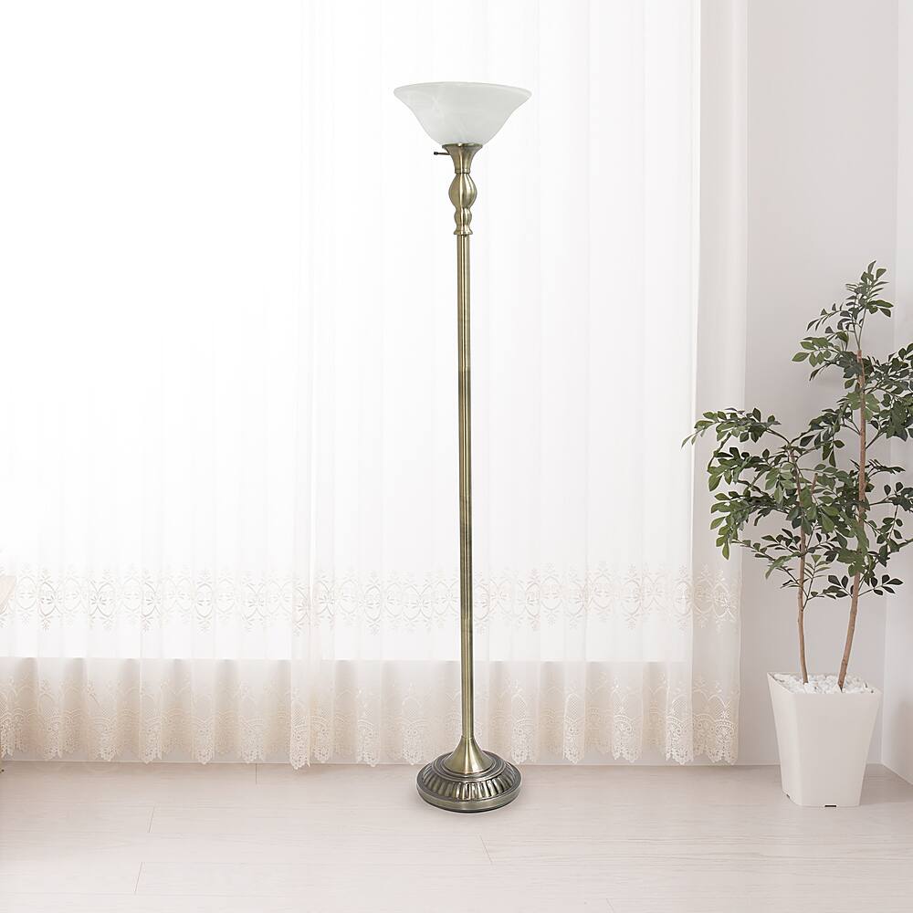Alt View 11. Elegant Designs - 1 Light Torchiere Floor Lamp with Marbleized White Glass Shade - Antique Brass.