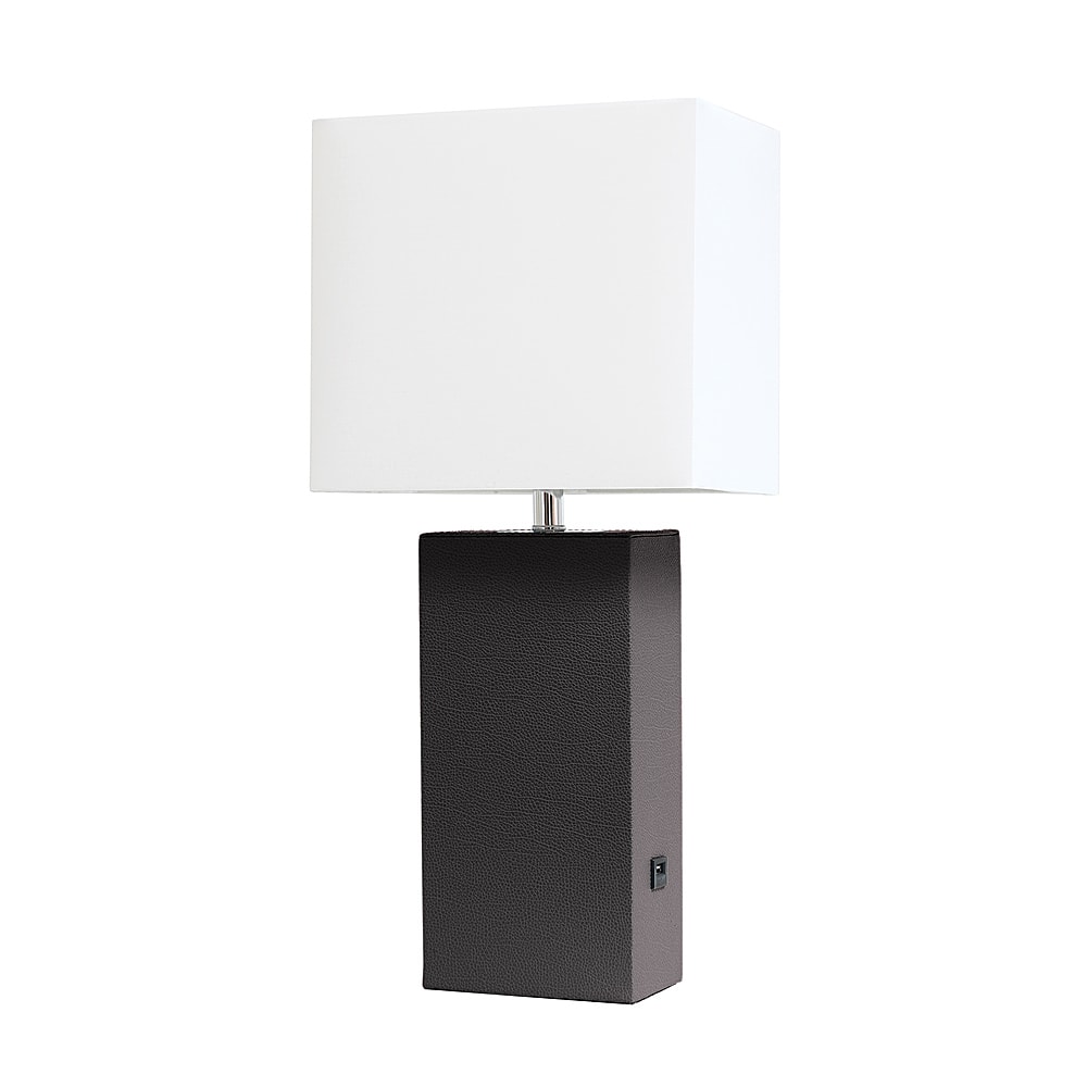 Angle. Elegant Designs - Modern Leather Table Lamp with USB and White Fabric Shade - Brown.