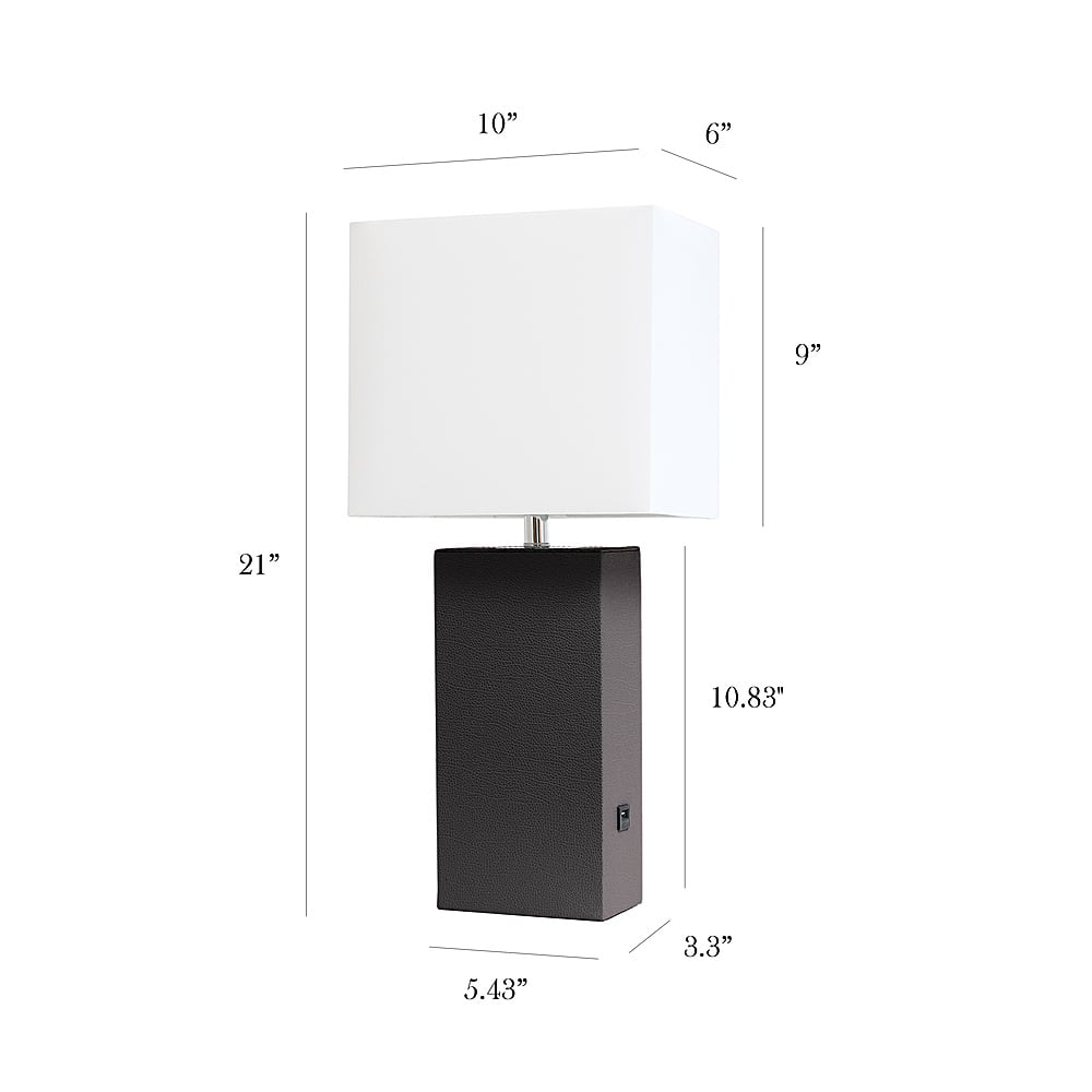 Left View: Elegant Designs - Modern Leather Table Lamp with USB and White Fabric Shade - Brown