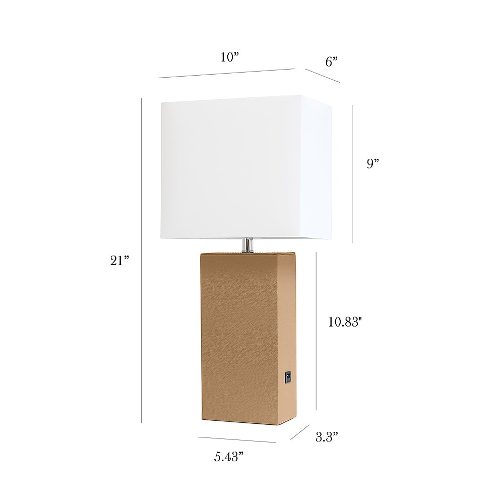 Left View: Elegant Designs - Modern Leather Table Lamp with USB and White Fabric Shade - Beige