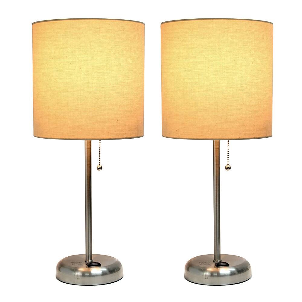Front. Limelights - Brushed Steel Stick Lamp with Charging Outlet and Fabric Shade 2 Pack Set.