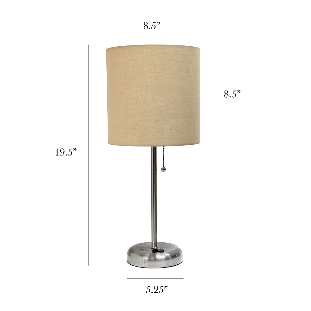 Left View: Limelights - Brushed Steel Stick Lamp with Charging Outlet and Fabric Shade 2 Pack Set