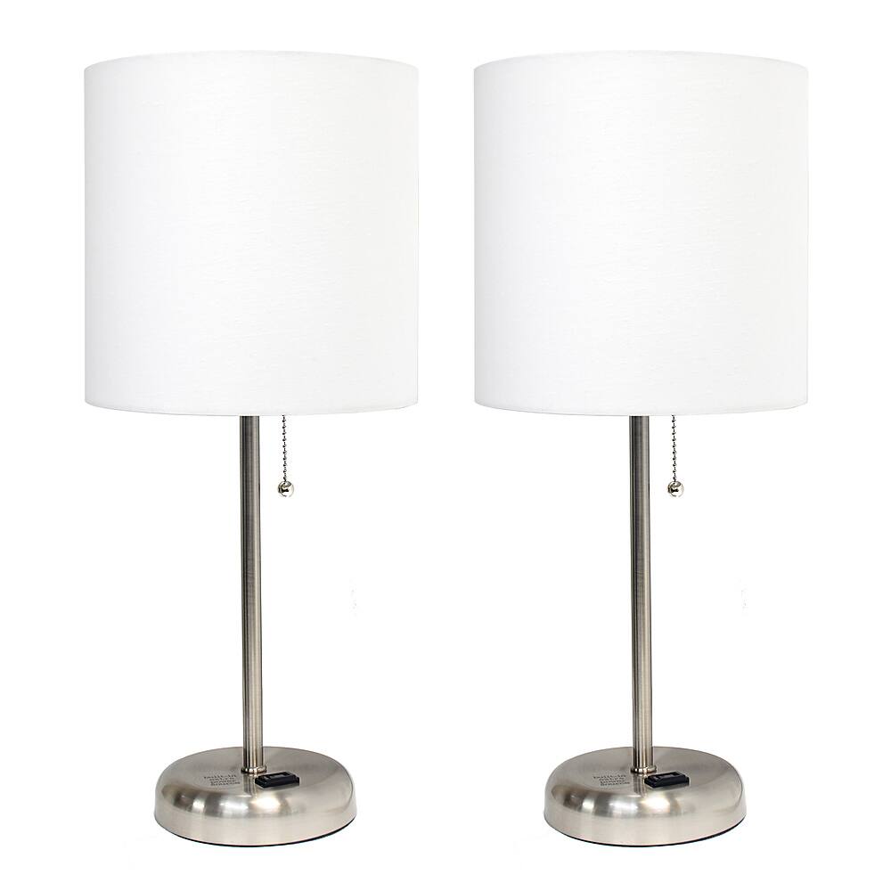 Angle View: Limelights - Brushed Steel Stick Lamp with Charging Outlet and Fabric Shade 2 Pack Set - White