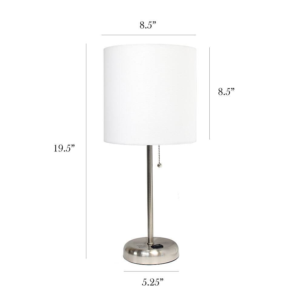 Left View: Limelights - Brushed Steel Stick Lamp with Charging Outlet and Fabric Shade 2 Pack Set - White