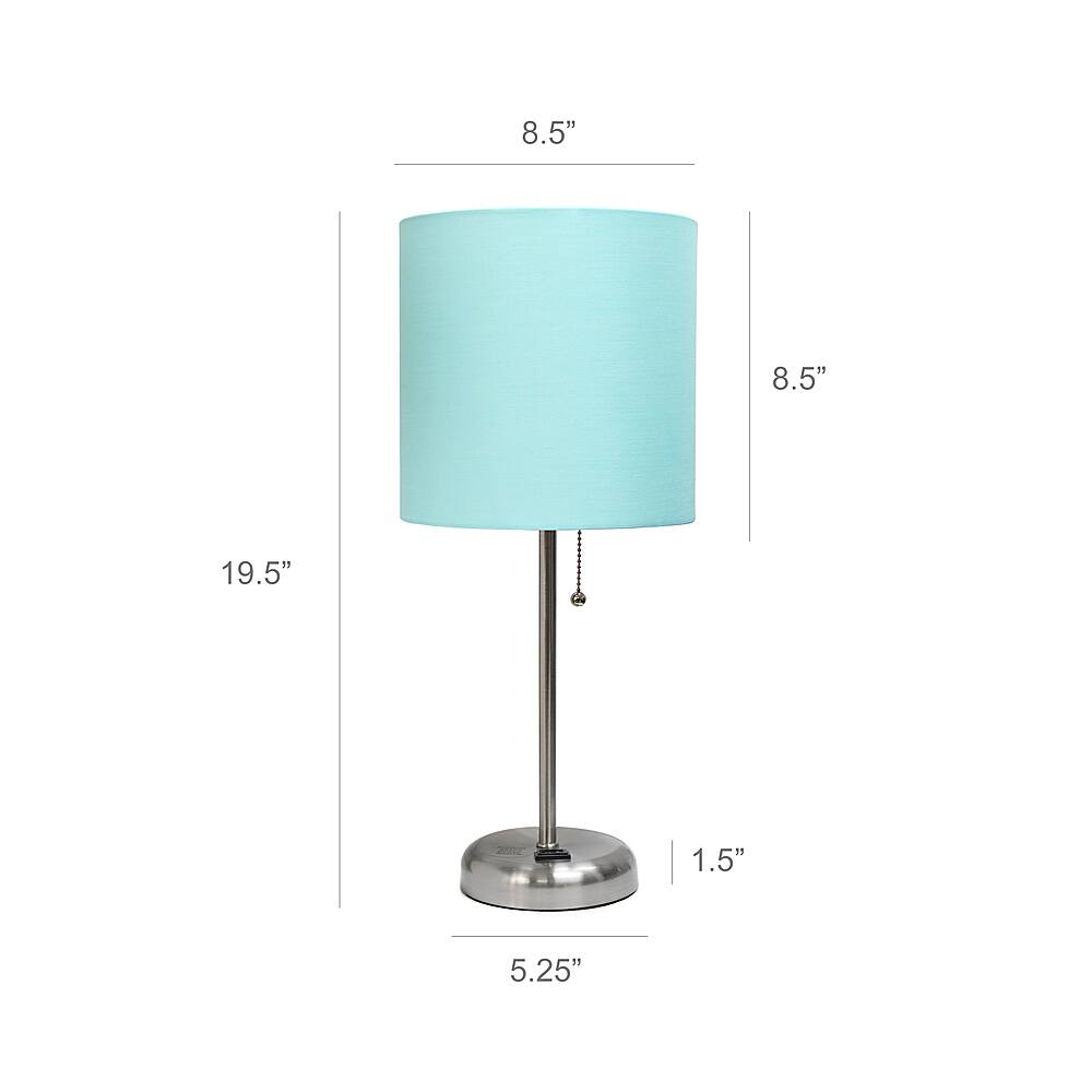 Left View: Limelights - Brushed Steel Stick Lamp with Charging Outlet and Fabric Shade 2 Pack Set