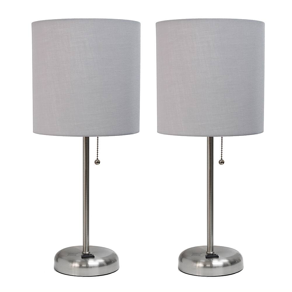 Angle View: Limelights - Brushed Steel Stick Lamp with Charging Outlet and Fabric Shade 2 Pack Set - Gray