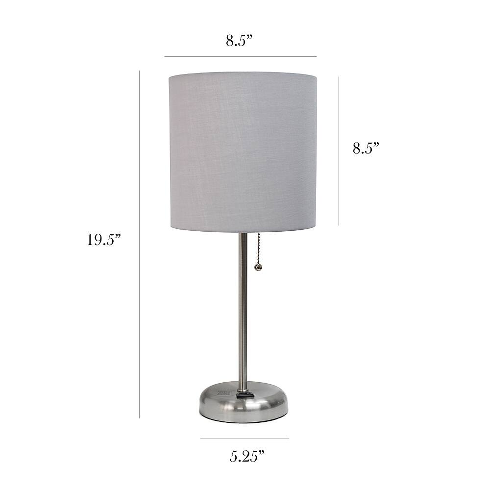 Left View: Limelights - Brushed Steel Stick Lamp with Charging Outlet and Fabric Shade 2 Pack Set - Gray