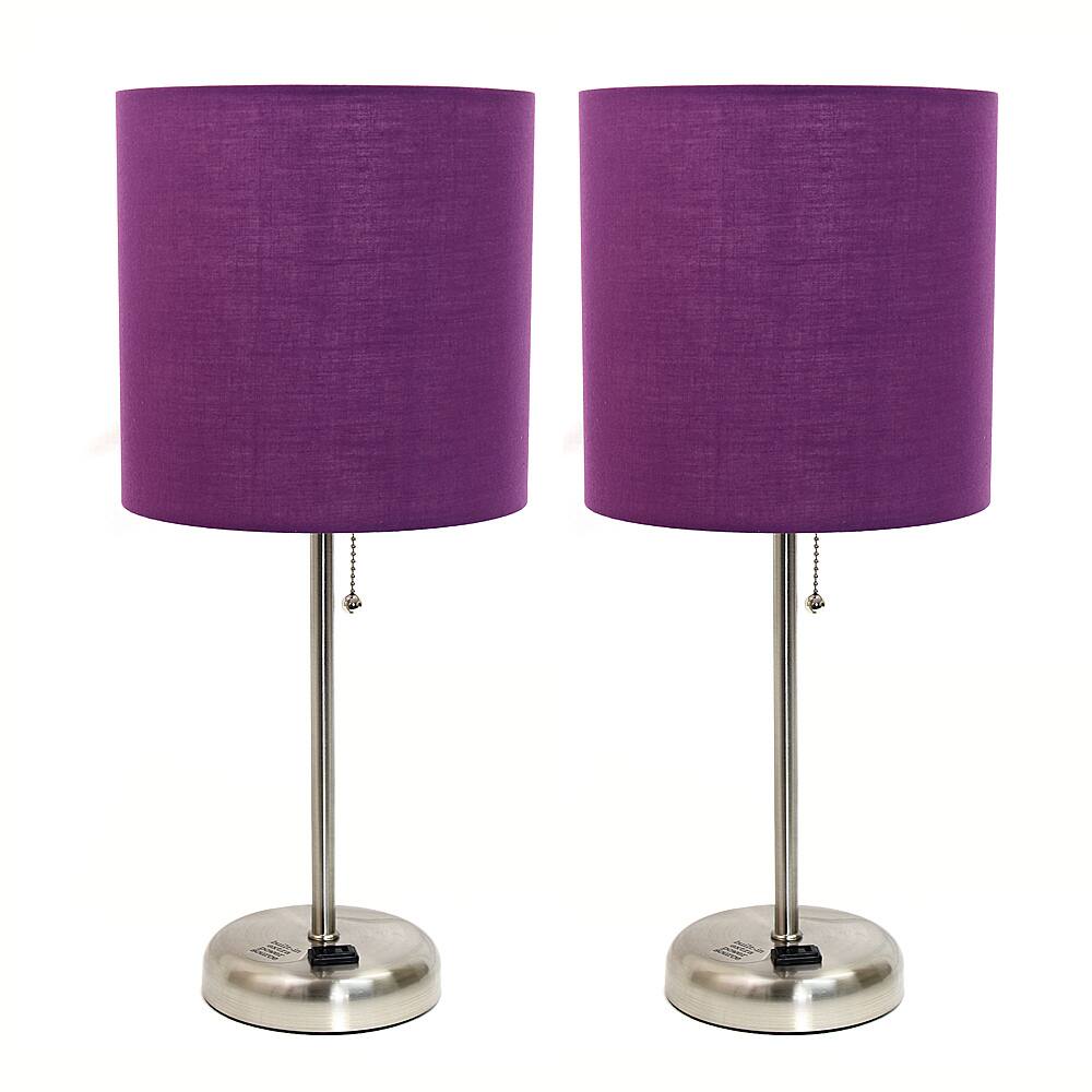 Angle View: Limelights - Brushed Steel Stick Lamp with Charging Outlet and Fabric Shade 2 Pack Set - Purple