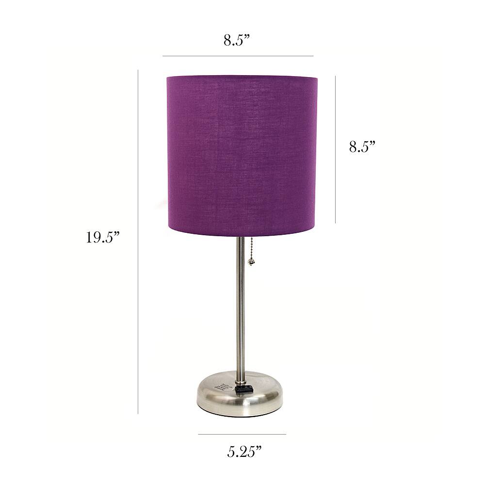 Left View: Limelights - Brushed Steel Stick Lamp with Charging Outlet and Fabric Shade 2 Pack Set - Purple