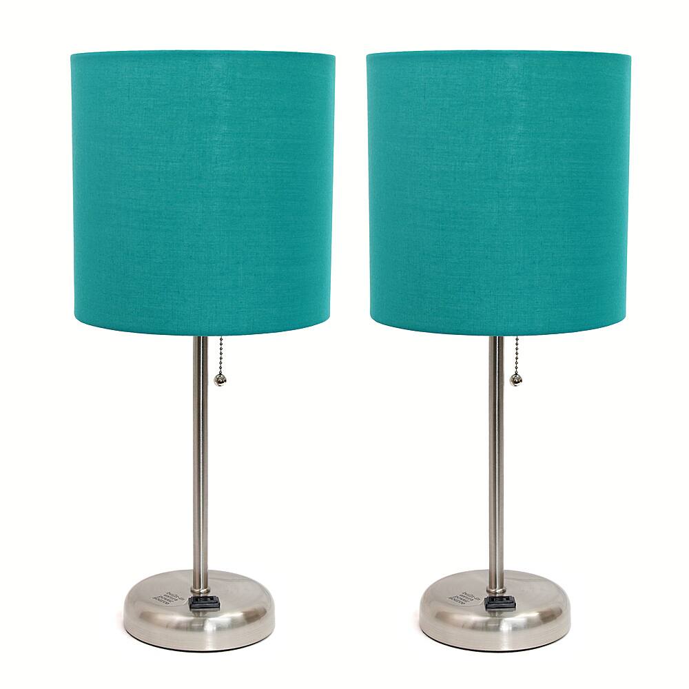 Angle View: Limelights - Brushed Steel Stick Lamp with Charging Outlet and Fabric Shade 2 Pack Set, Teal