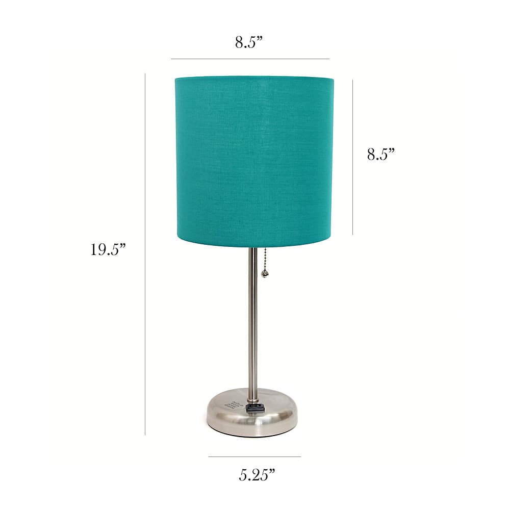 Left View: Limelights - Brushed Steel Stick Lamp with Charging Outlet and Fabric Shade 2 Pack Set, Teal