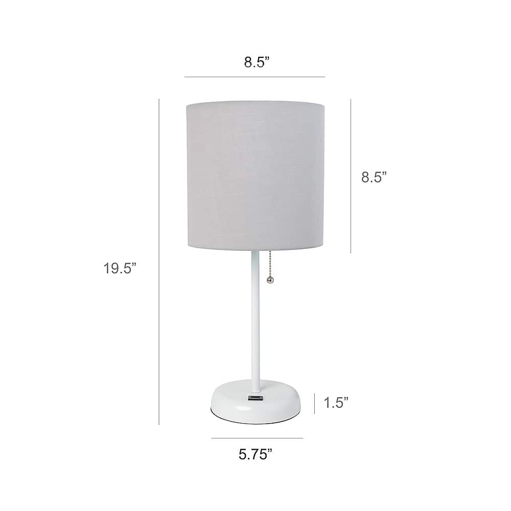 Left View: Limelights - Stick Lamp with USB charging port and Fabric Shade - White/Gray