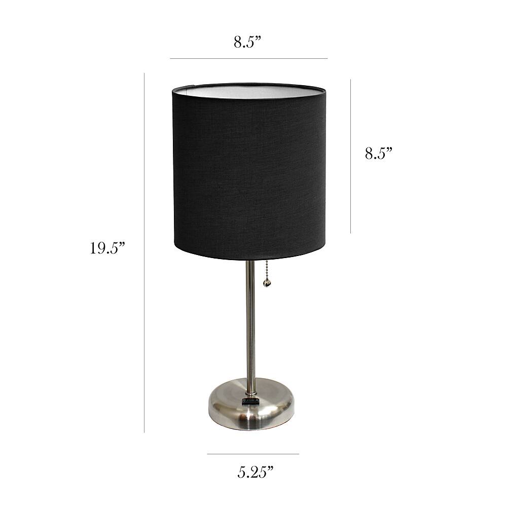 Left View: Limelights - Brushed Steel Stick Lamp with Charging Outlet and Fabric Shade 2 Pack Set - Black