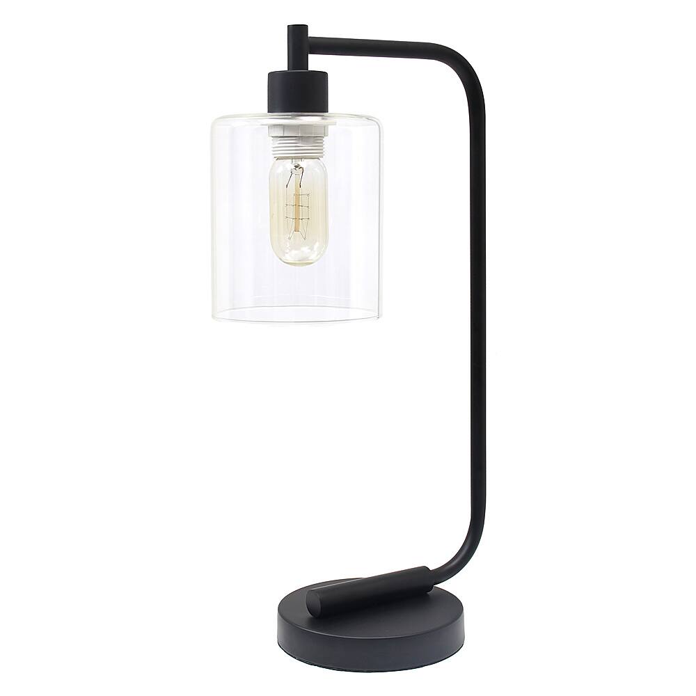 Angle. Simple Designs - Bronson Antique Style Industrial Iron Lantern Desk Lamp with Glass Shade - Black.