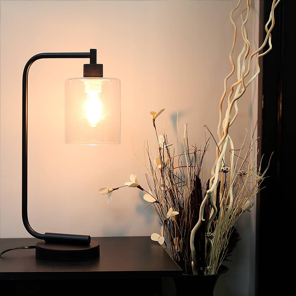 Alt View 12. Simple Designs - Bronson Antique Style Industrial Iron Lantern Desk Lamp with Glass Shade - Black.