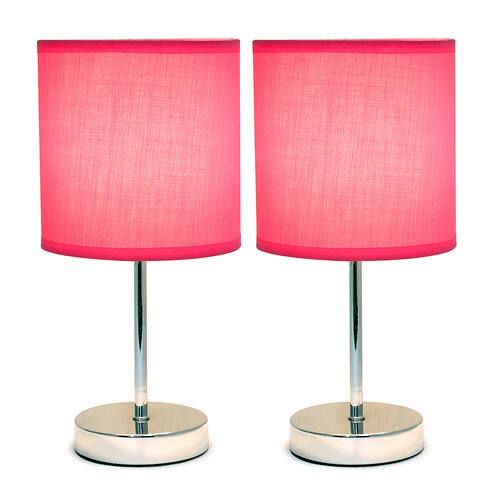 Simple Designs Chrome Mini Basic Table Lamp with Fabric Shade 2 Pack Set, Hot Pink