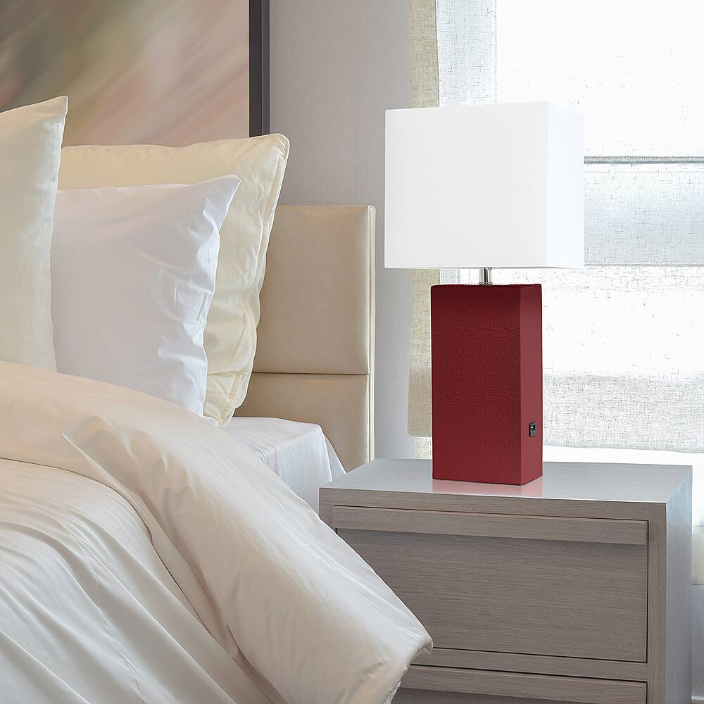 Best Buy Elegant Designs Modern Leather Table Lamp with USB and White Fabric Shade Red LT1053RED