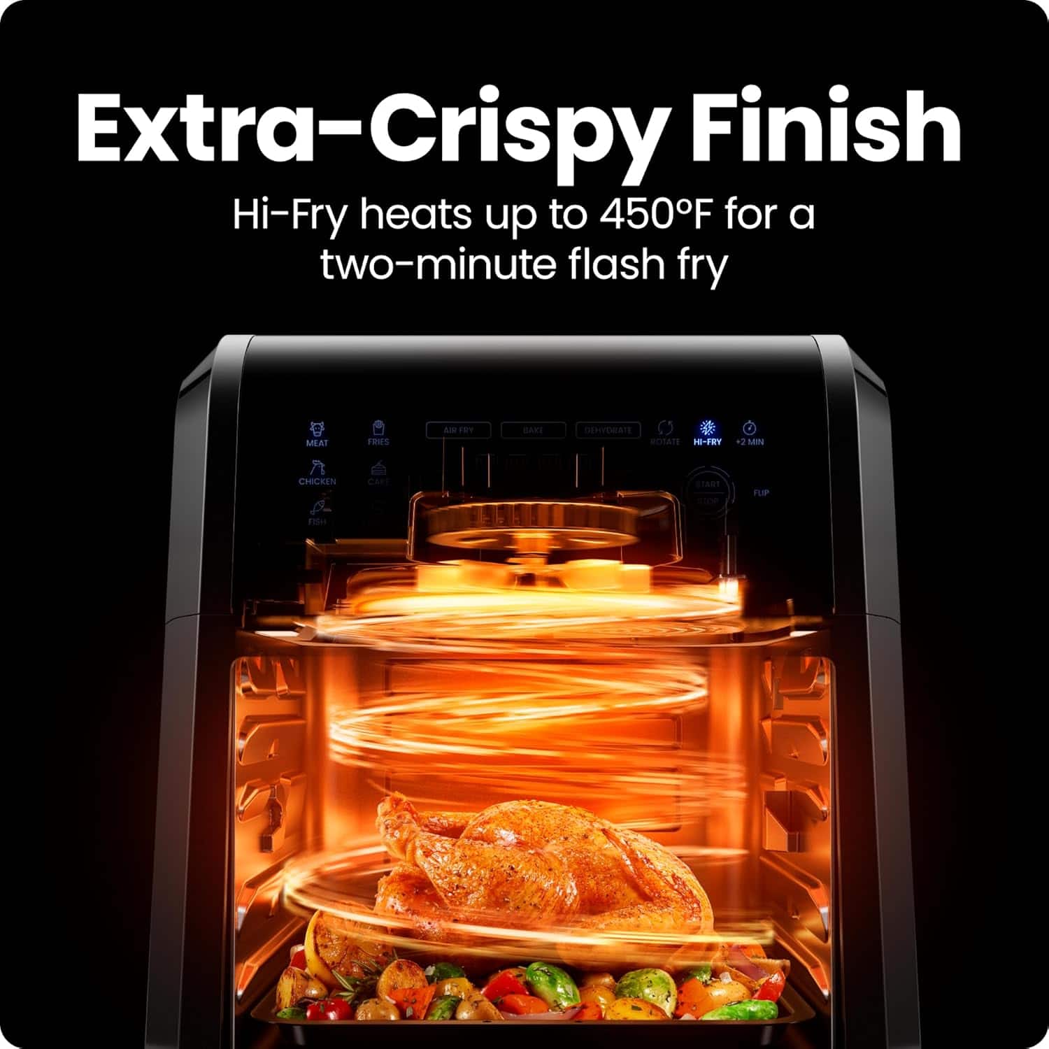 Extra-Crispy Finish
Hi-Fry heats up to 450°F for a two-minute flash fry