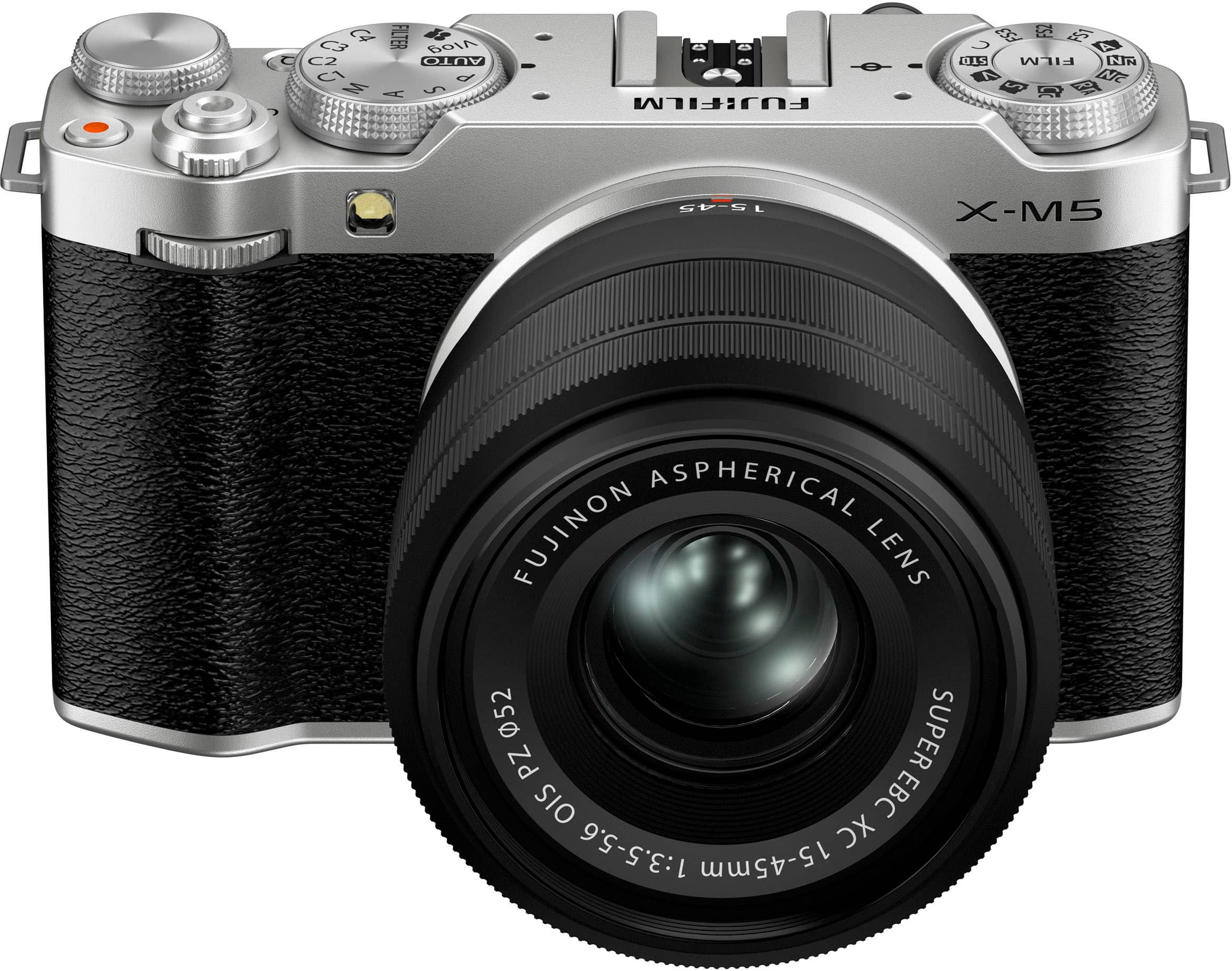 The text on the image reads: "FUJIFILM X-M5 ASPHERICAL FUJINON LENS 052 SUPER EBC OIS BC XC 1:3.5-5.6 15-45mm."