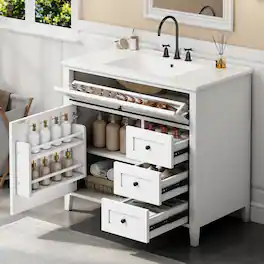 Whisen - 36 Inch Bathroom Vanity with Ceramic Sink Combo Modern 3 Drawer 1 Door Storage Cabinet Freestanding - White