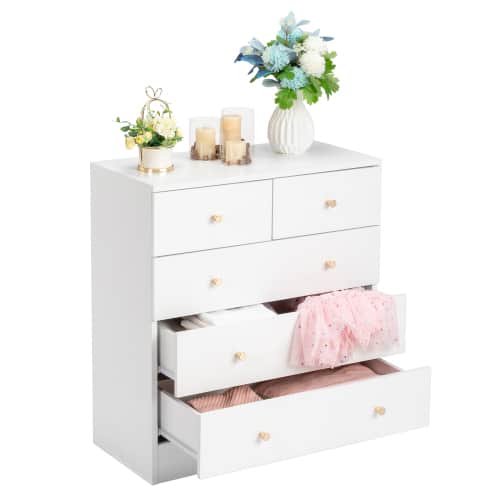 Winado - Modern 5 Drawer Dresser Tall Dresser Chest of Drawers Anti-Tipping Device Metal Handle for Bedroom Living Room Hallway - White