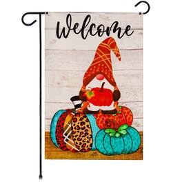 G128 - Garden Flag Welcome Gnome on Patterned Pumpkins 12 x 18 Inch Blockout Fabric - Assorted Colors