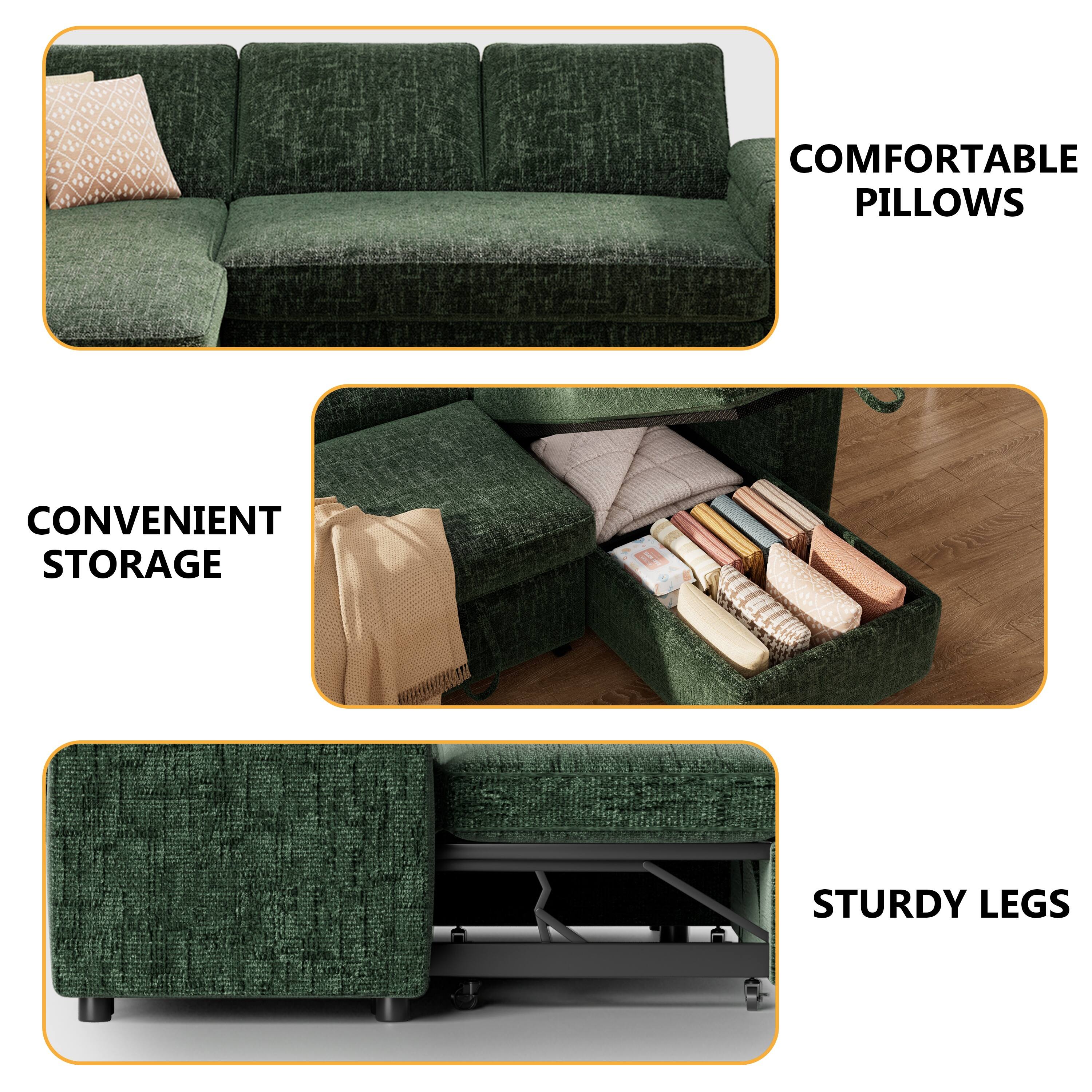 COMFORTABLE PILLOWS  
CONVENIENT STORAGE  
STURDY LEGS