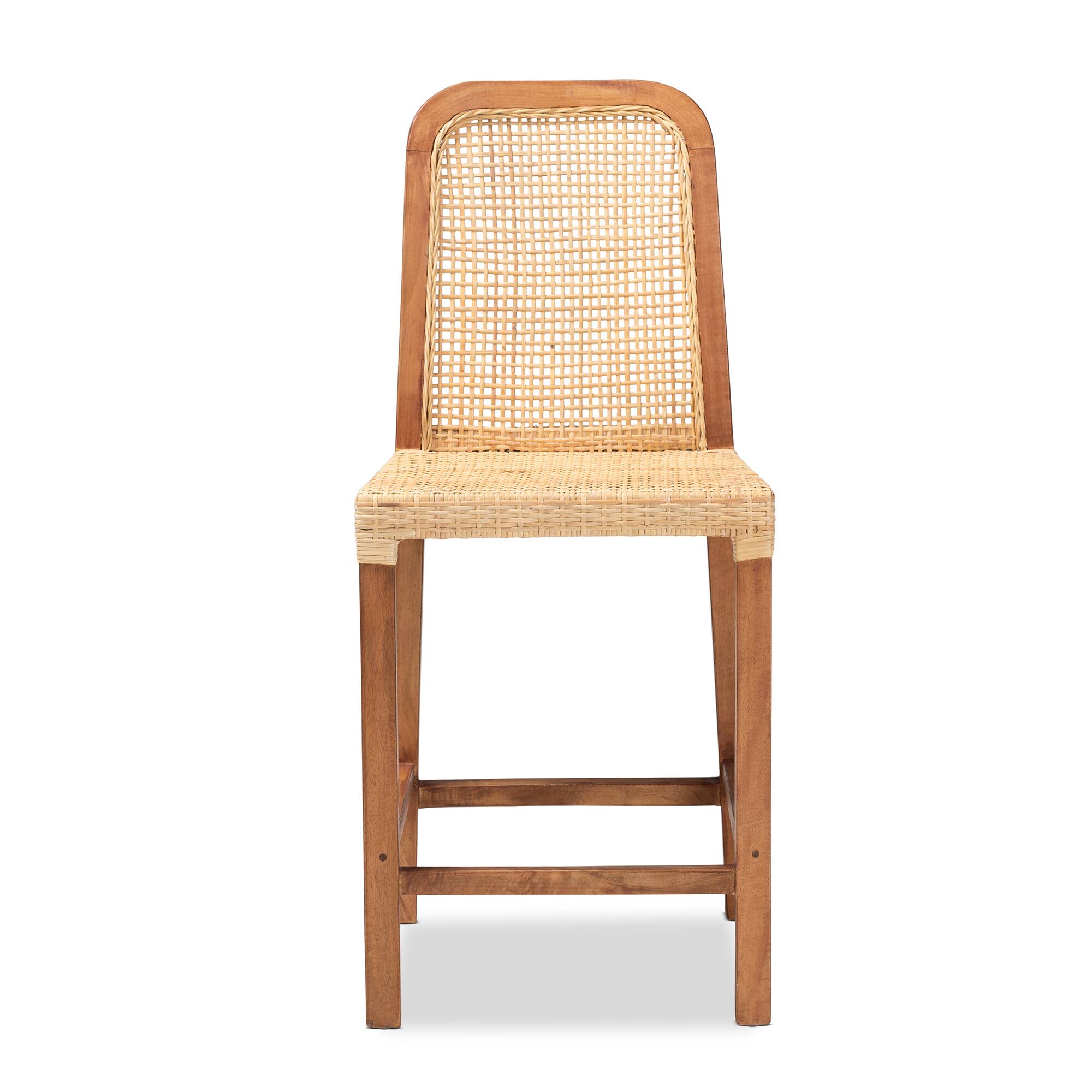 Angle. bali & pari - Caspia Mid-Century Modern Walnut Mahogany Wood and Natural Rattan Counter Stool - Natural Brown/Walnut Brown.