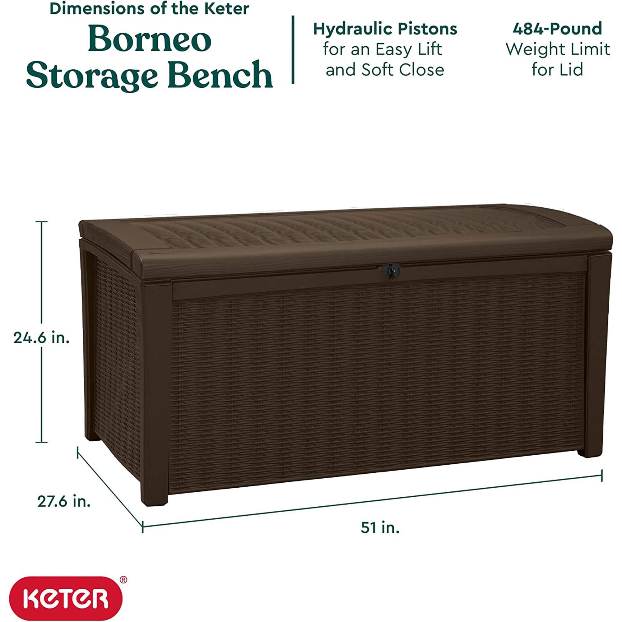 Dimensions of the Keter Borneo Storage Bench

- Hydraulic Pistons for an Easy Lift and Soft Close
- 484-Pound Weight Limit for Lid

Dimensions:
- 24.6 in. (height)
- 27.6 in. (depth)
- 51 in. (width)