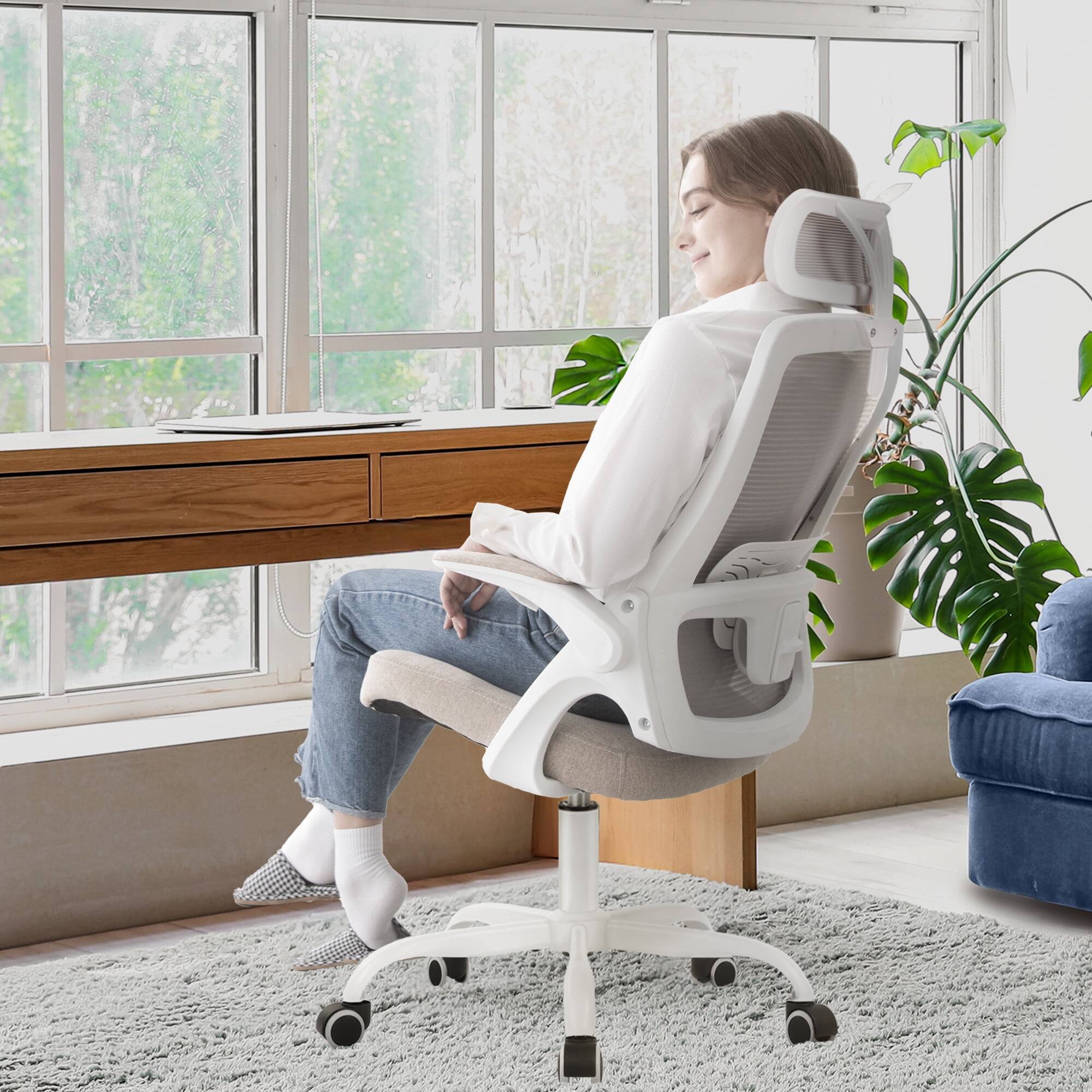 Angle. Celtoss - Office Desk Computer Mesh Chair High Back Comfy Adjustable Ergonomic Headrest Lumbar Rolling Flip-up Armrests Steel Base - Steel Base-Beige.