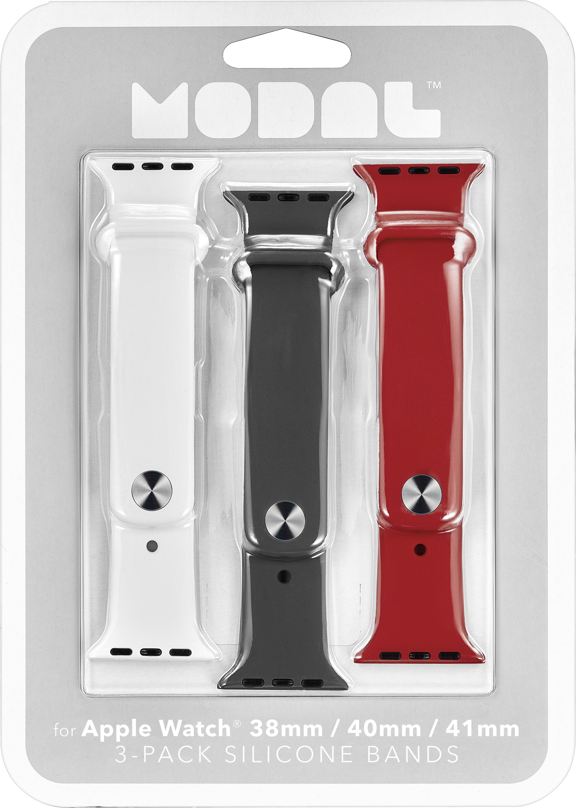 Angle View: Modal™ - Silicone Watch Band for Apple Watch 38 mm / 40mm / 41mm (3 Pack) - Candy apple red, snow white, stormy gray