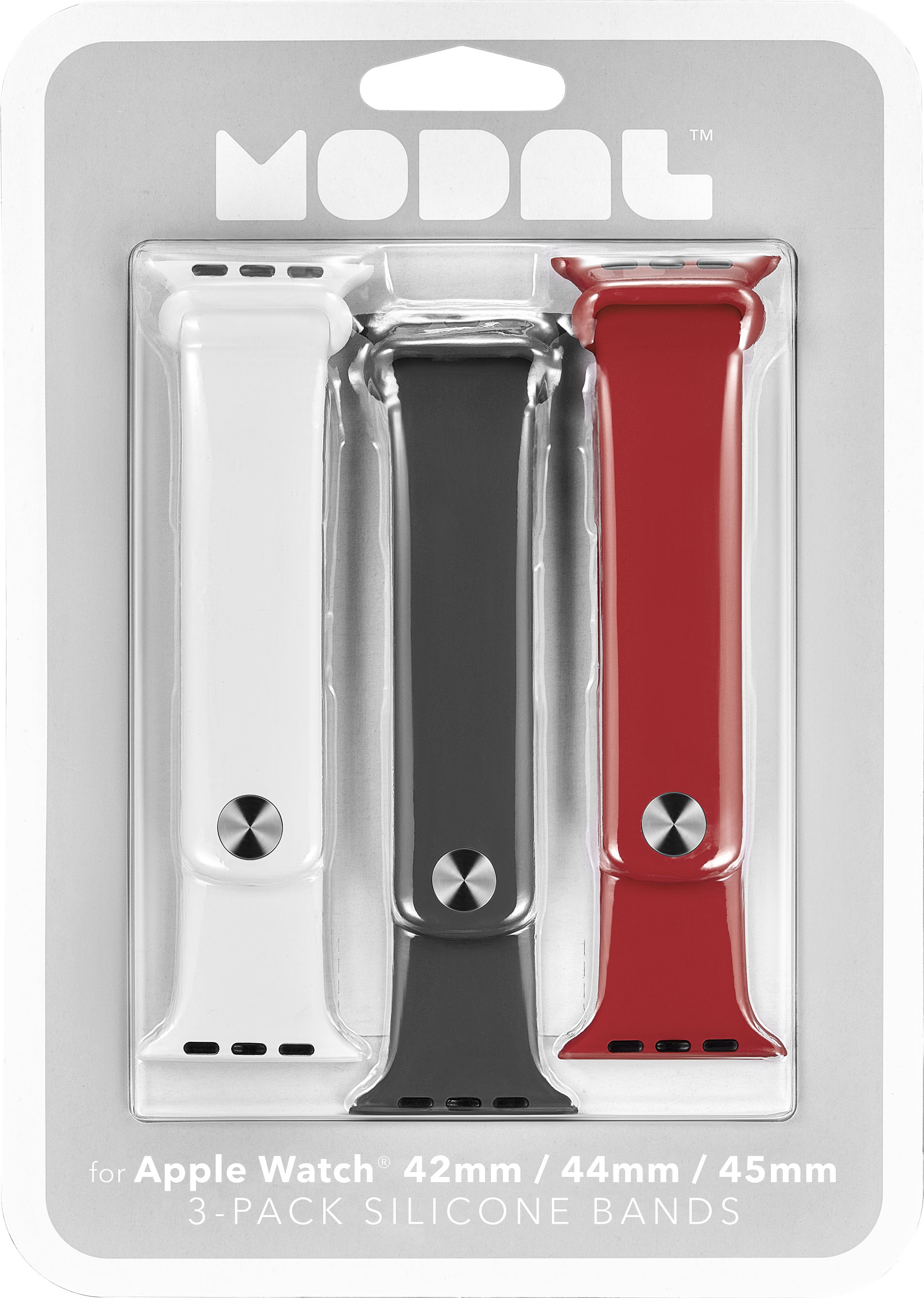 Angle View: Modal™ - Silicone Watch Band for Apple Watch 42 mm / 44 mm and Apple Watch Series 7 45mm (3 Pack) - Candy apple red, snow white and stormy gray