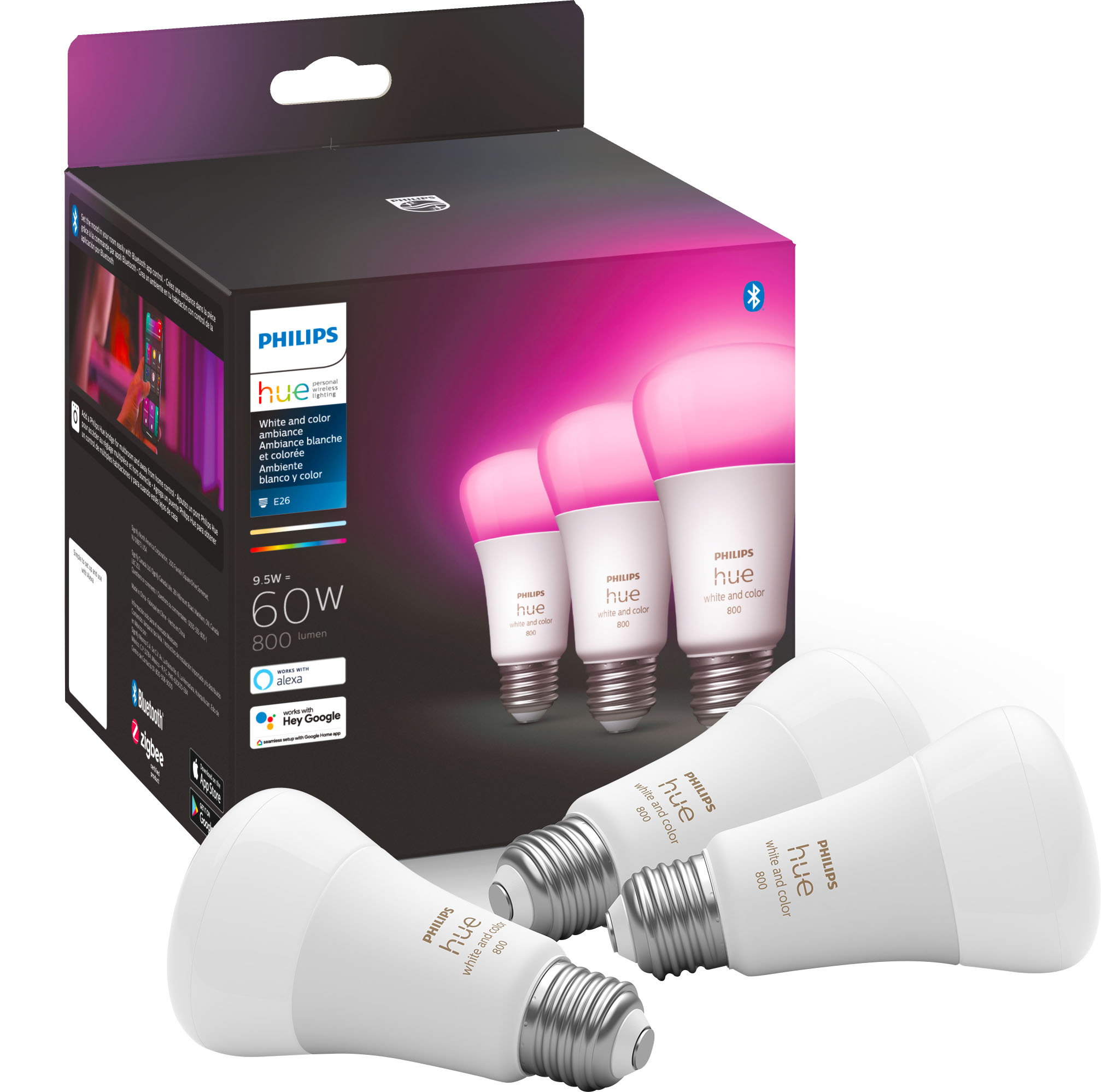 Philips Hue A19 Bluetooth 60W LED Smart Bulbs (3-Pack) White and Color Ambiance 562785 - Best