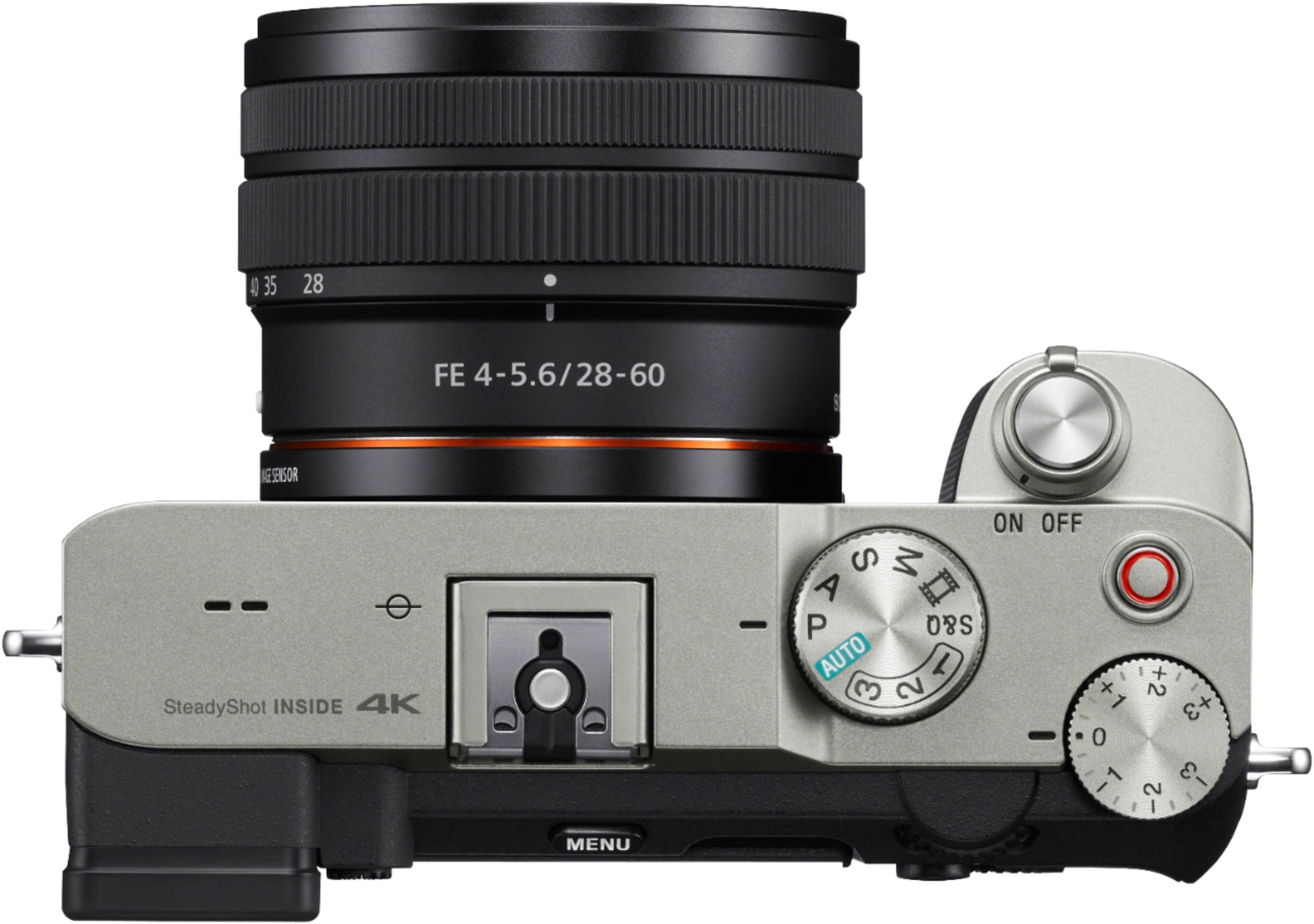 Top. Sony - Alpha 7C Full-frame Compact Mirrorless Camera with FE 28-60mm F4-5.6 lens - Silver.