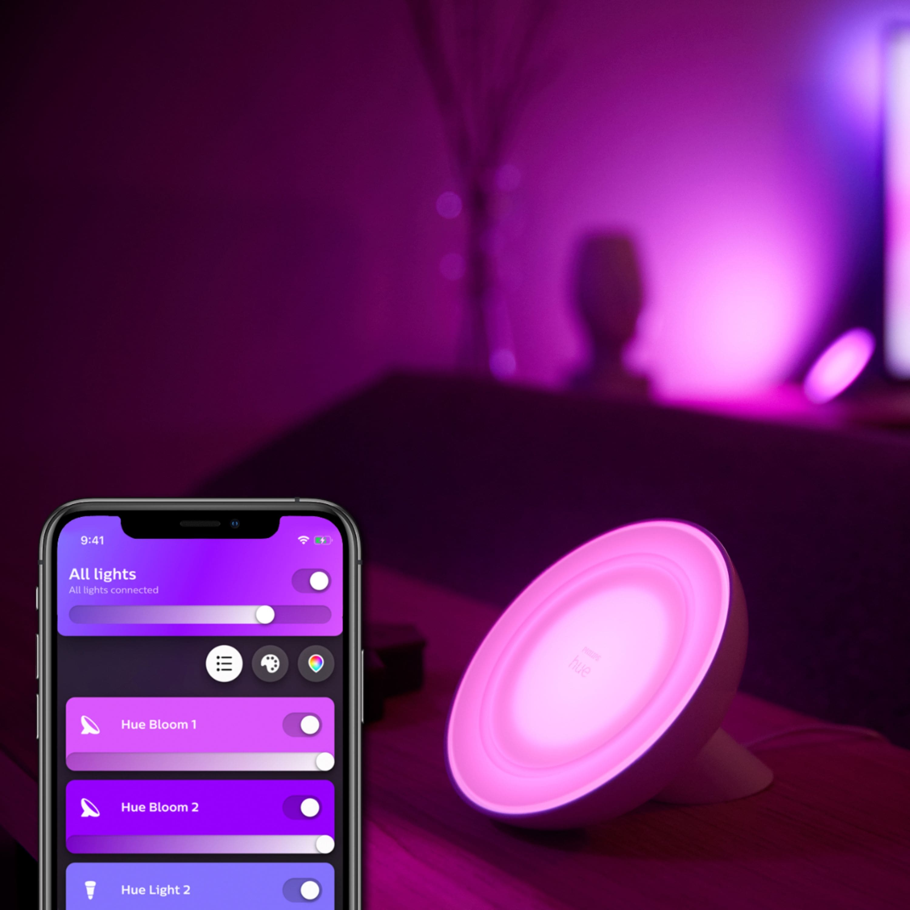 The text on the image is grouped as follows:
1. All lights: This refers to the lights in the room, which are likely connected to a Hue system.
2. Al lights: This is a typo and should be "All lights."
3. Hue Bloom 1: This is a specific light in the room, likely a Hue Bloom light.
4. Hue Bloom 2: This is another specific light in the room, also a Hue Bloom light.
5. Hue Light 2: This is a specific light in the room, likely a Hue light.