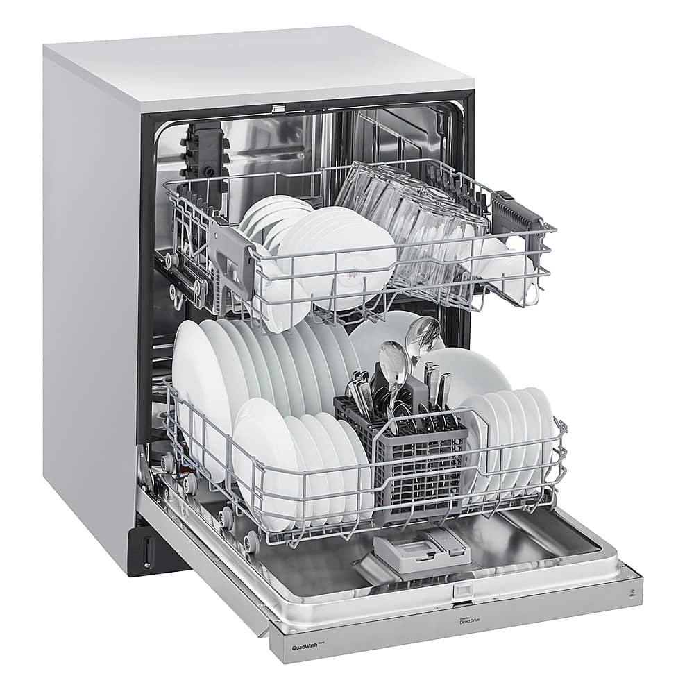 Left. LG - 24" Front Control Smart Built-In Stainless Steel Tub Dishwasher with QuadWash, and 48dba - Stainless Steel.