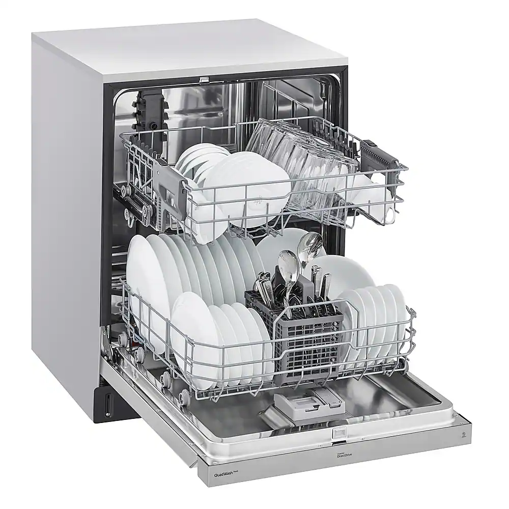 Left. LG - 24" Front Control Smart Built-In Stainless Steel Tub Dishwasher with QuadWash, and 48dba - Stainless Steel.