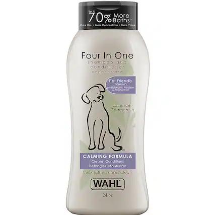 Up to 70% More Baths*
More O2s. More Concentrate. More Value
Four In One shampoo and conditioner concentrate
Pet Friendly Formula
DH Balanced Paraben & Alcohol Free
Lavender Chamomile
CALMING FORMULA
Cleans Conditions Detangles Moisturizes
thick lather, rinses clean
WAHL HOME PRODUCTS
24 oz