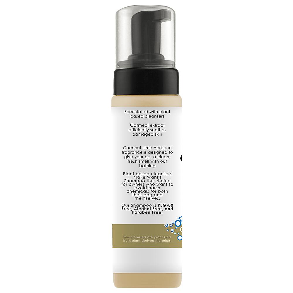 Formulated with plant-based cleansers, oatmeal extract efficiently soothes damaged skin. Coconut Lime Verbena fragrance is designed to give your pet a clean, fresh smell without bathing. Plant-based cleansers make Wahl's Shampoo the choice for owners who want to avoid harsh chemicals for both their dog and themselves. Our Shampoo is PEG-80 Free, Alcohol Free, and Paraben Free. Our cleansers are processed from plant-derived materials.