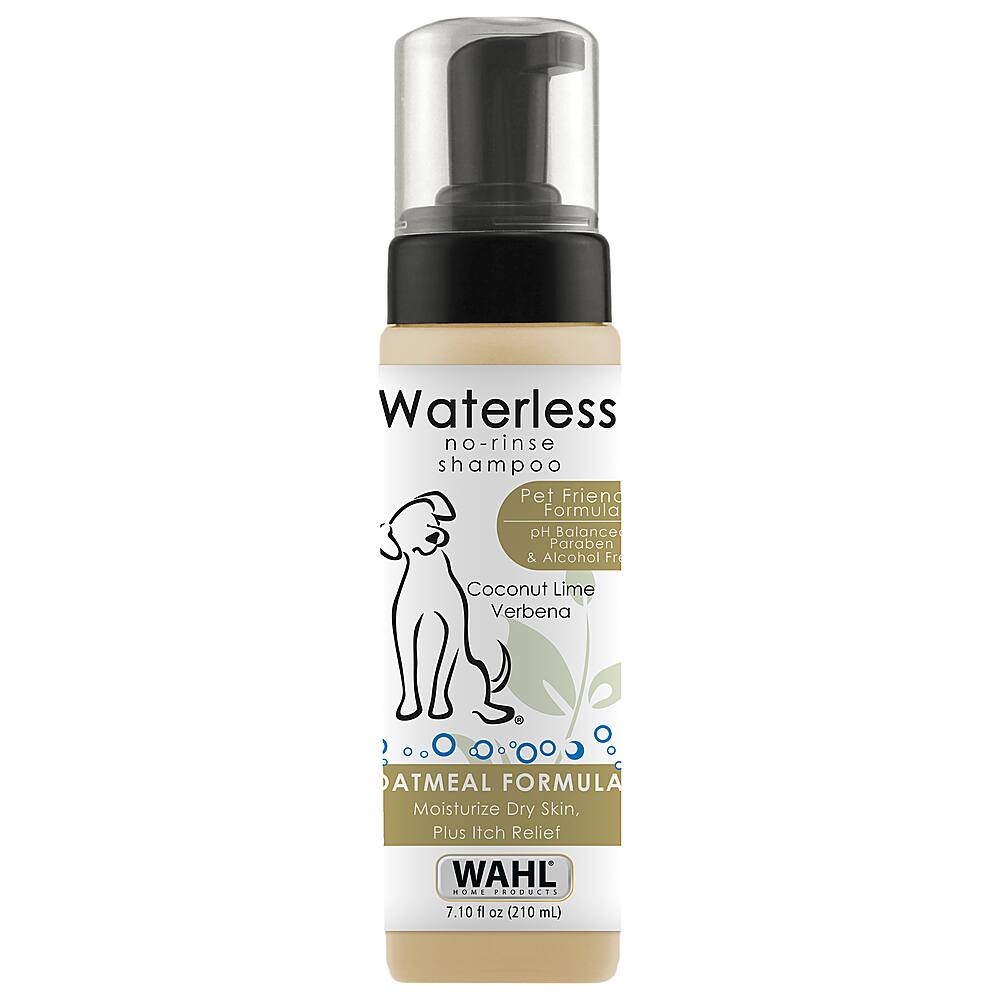 Waterless no-rinse shampoo  
Pet Friend Formula  
pH Balance  
Paraben & Alcohol Free  
Coconut Lime Verbena  
Oatmeal Formula  
Moisturize Dry Skin, Plus Itch Relief  
WAHL  
7.10 fl oz (210 mL)