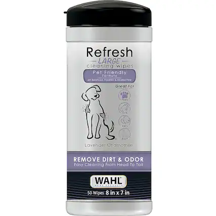 Refresh LARGE cleaning wipes Pet Friendly Formula DH Balanced. Laraben & Alcohol free. Great for PAWS, FACE, EARS & BODY. Lavender Chamomile. REMOVE DIRT & ODOR. Easy cleaning from head to tail. WAHL MOME PRODUCTS. 50 wipes. 8 in X 7 in.