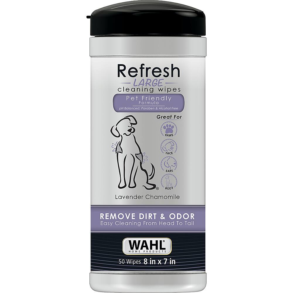 Refresh LARGE cleaning wipes Pet Friendly Formula DH Balanced. Laraben & Alcohol free. Great for PAWS, FACE, EARS & BODY. Lavender Chamomile. REMOVE DIRT & ODOR. Easy cleaning from head to tail. WAHL MOME PRODUCTS. 50 wipes. 8 in X 7 in.