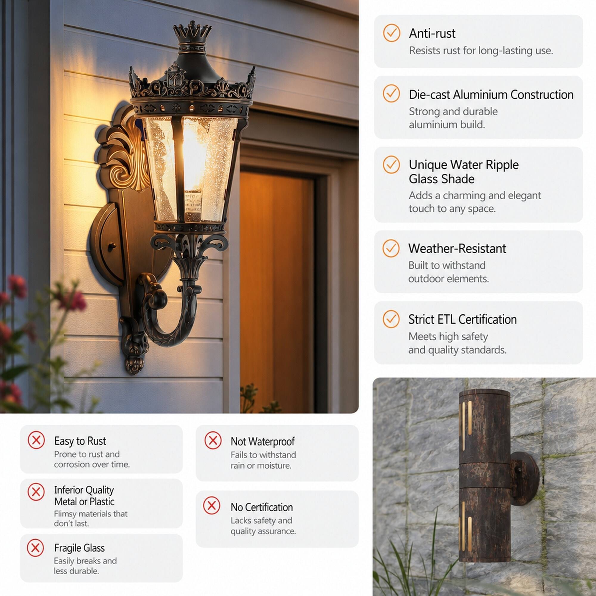 - Anti-rust: Resists rust for long-lasting use.
- Die-cast Aluminium Construction: Strong and durable aluminium build.
- Unique Water Ripple Glass Shade: Adds a charming and elegant touch to any space.
- Weather-Resistant: Built to withstand outdoor elements.
- Strict ETL Certification: Meets high safety and quality standards.

- Easy to Rust: Prone to rust and corrosion over time.
- Not Waterproof: Fails to withstand rain or moisture.
- Inferior Quality Metal or Plastic: Flimsy materials that don't last.
- No Certification: Lacks safety and quality assurance.
- Fragile Glass: Easily breaks and less durable.