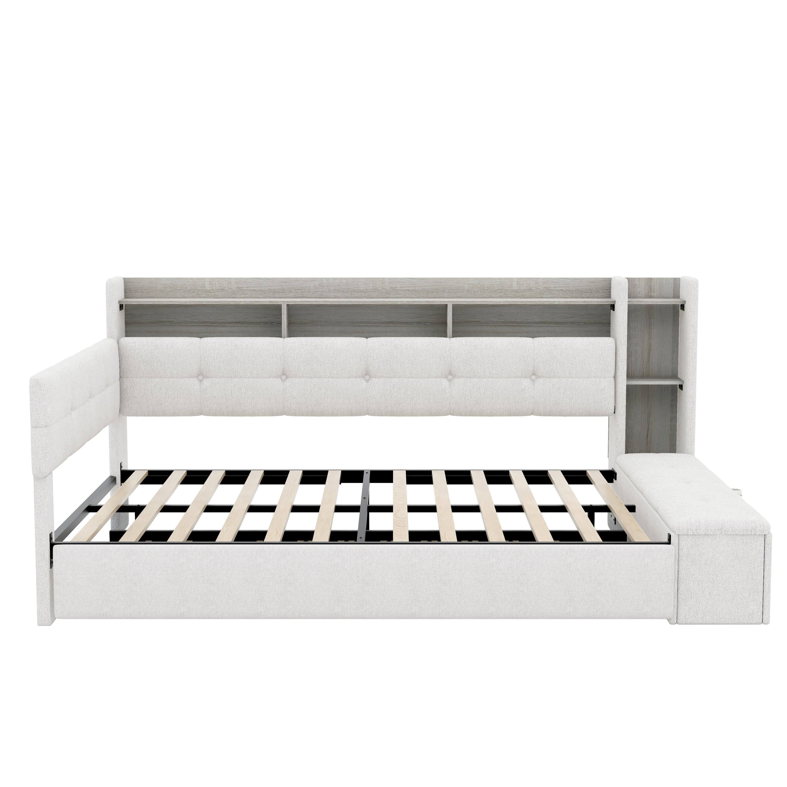 Back. Whisen - Full Size Upholstered Daybed with Trundle, Storage Shelves, LED Light & USB Charging Station - Beige.