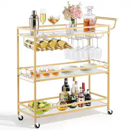 VEVOR - Bar Cart, 3 Tiers Home Kitchen Serving Carts, Modern Rolling Utility Station on Wheels, Mobile Drink Beverage Trolley - Gold + White