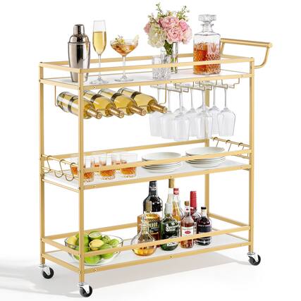 Front. VEVOR - Bar Cart, 3 Tiers Home Kitchen Serving Carts, Modern Rolling Utility Station on Wheels, Mobile Drink Beverage Trolley - Gold + White.