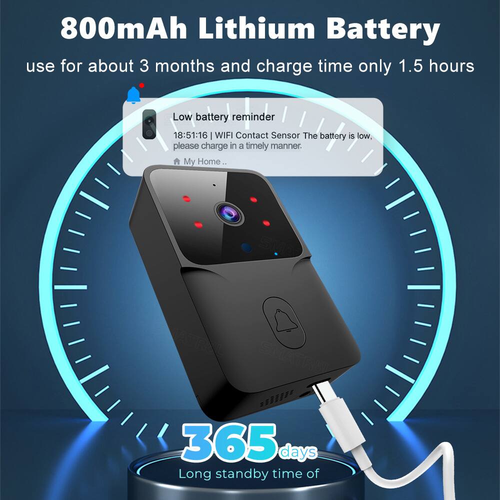 800mAh Lithium Battery  
use for about 3 months and charge time only 1.5 hours  

Low battery reminder  
18:51:16 | WIFI Contact Sensor  
The battery is low, please charge in a timely manner.  
My Home...  

365 days  
Long standby time of