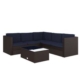 Emma + Oliver - Beal All Weather Wicker PE Rattan L-Shaped Sectional Sofa with Coffee Table and Included Back and Seat Cushions - Navy Cushions/Brown Frame