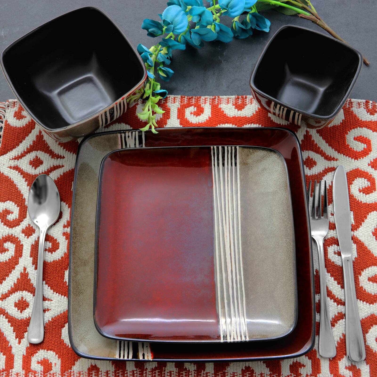 Alt View 3. Elama - Elama Downtown Loft 16 Piece Double Bowl Stoneware Dinnerware Set with Service for 4 - Red.